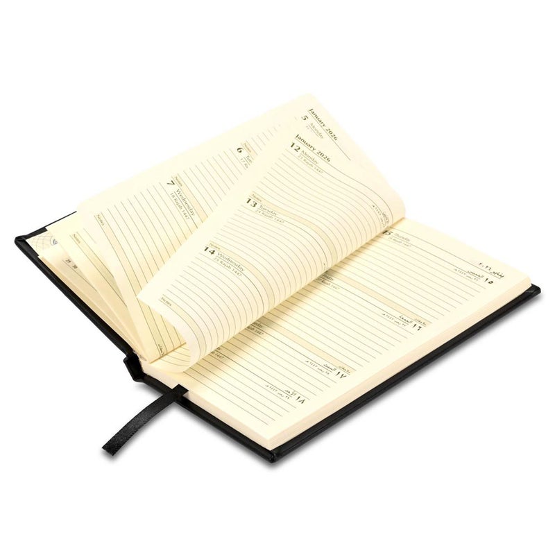 FIS مفكرة فايز 2026 نحيفة، 90x170 مم، غلاف PU إيطالي صلب، تنسيق أسبوعي في لمحة، عرض عمودي، عربي/إنجليزي، ورق عاجي إيطالي 70 جرام، غلاف أسود - FSDI59AEP26BK - Image 4