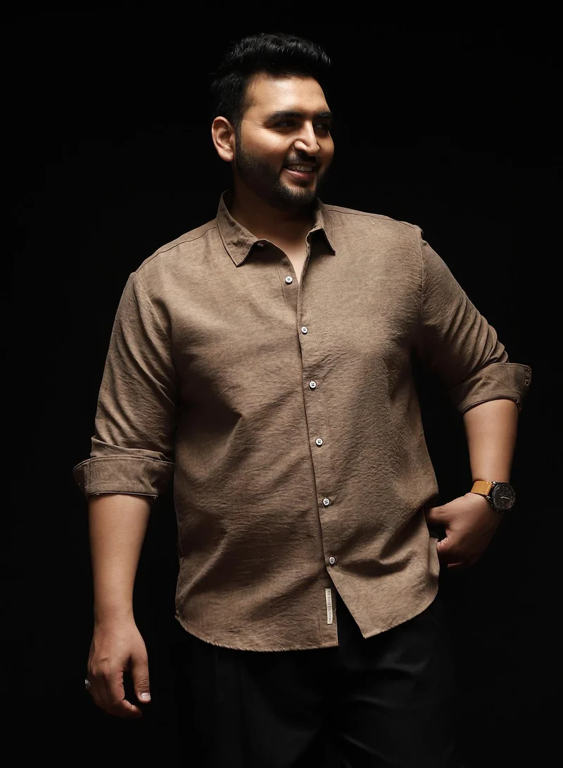 Instafab Plus Instafab Plus Men's Sand Beige Grazed-Fade Imprint Shirt | Spread Collar , Long Cuffed Sleeves , Button Closure , Curved Hemline | Abstract-Print Plain Cotton-Blend Material For Street & Casual Wear