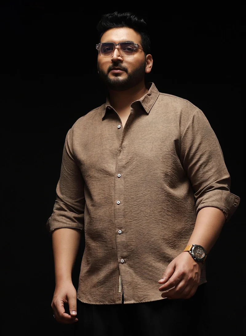 Instafab Plus Instafab Plus Men's Sand Beige Grazed-Fade Imprint Shirt | Spread Collar , Long Cuffed Sleeves , Button Closure , Curved Hemline | Abstract-Print Plain Cotton-Blend Material For Street & Casual Wear