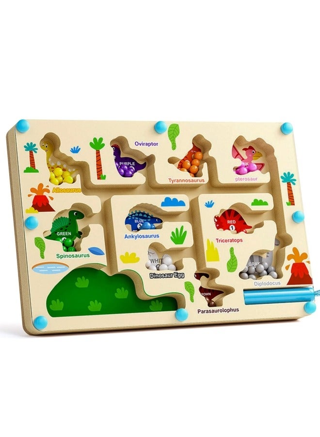 GGEROU متاهة الألوان والأرقام المغناطيسية، لوحة ألغاز التعلم المطابقة من كومودوم مونتيسوري، لعبة المتاهة المغناطيسية الخشبية للديناصورات، ألعاب السفر لتطوير المهارات الحركية الدقيقة للأطفال الصغار - Image 1
