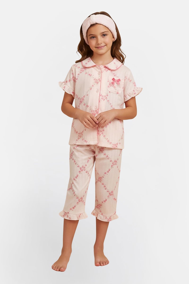 Betsey Johnson Kids Girl 3 Pieces Allover Print Pyjama Top And Bottom With Headband Set, Multicolor - Image 1