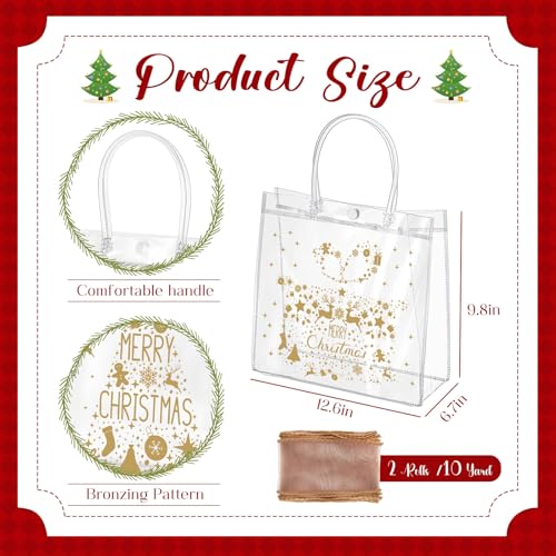Henoyso 24 Pcs Gold Christmas Clear Gift Bags Plastic Goodie Candy Treat Bag with Handles PVC Gift Wrap Totes with Ribbon for Xmas Party Favors 126 x 98 x 67 - Image 3