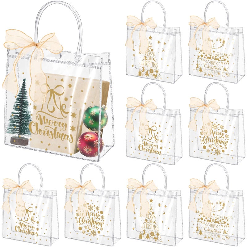 Henoyso 24 Pcs Gold Christmas Clear Gift Bags Plastic Goodie Candy Treat Bag with Handles PVC Gift Wrap Totes with Ribbon for Xmas Party Favors 126 x 98 x 67 - Image 2