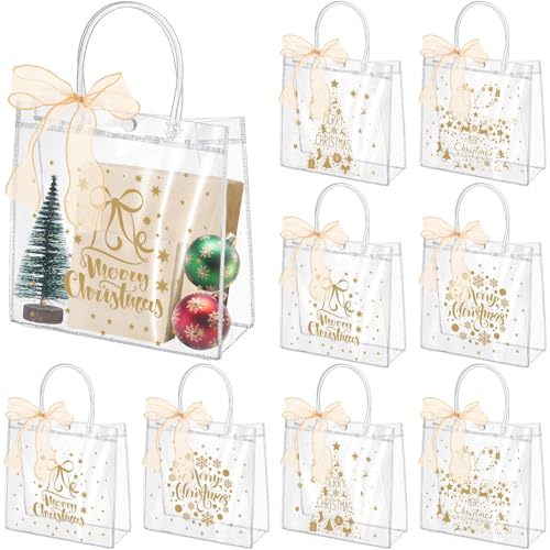 Henoyso 24 Pcs Gold Christmas Clear Gift Bags Plastic Goodie Candy Treat Bag with Handles PVC Gift Wrap Totes with Ribbon for Xmas Party Favors 126 x 98 x 67 - Image 1