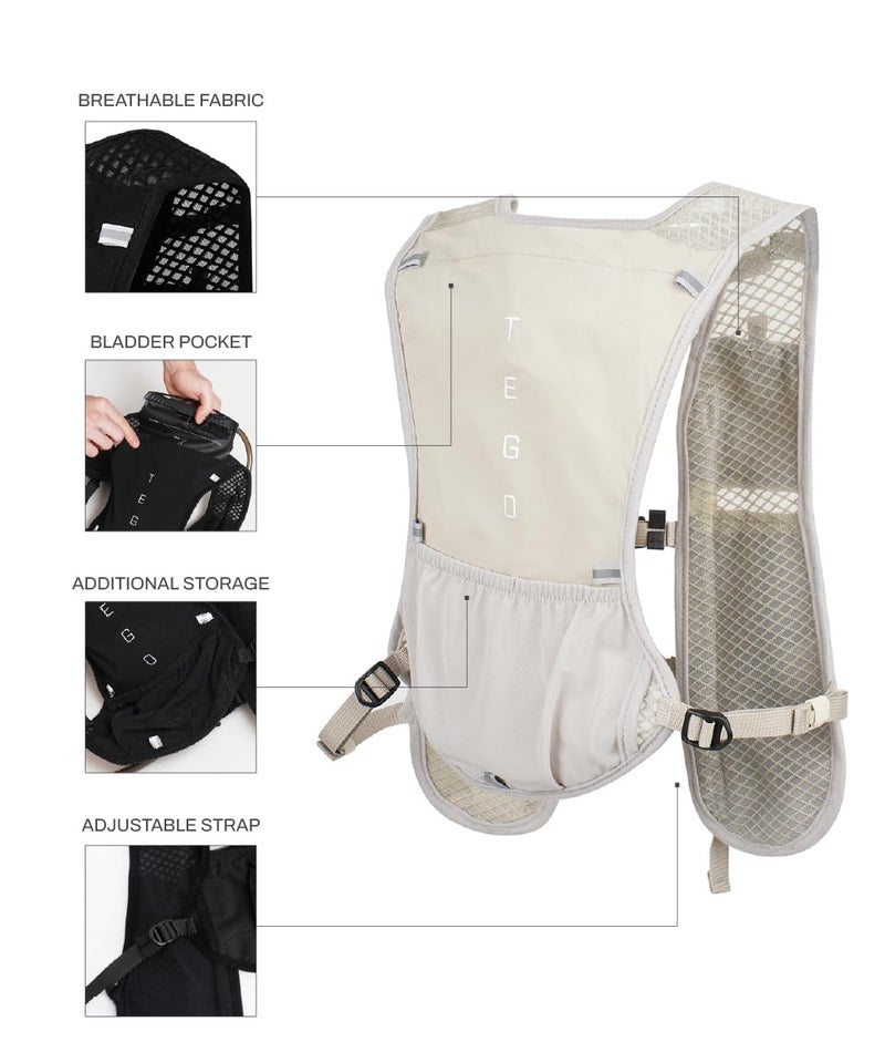 TEGO سترة ترطيب بايسر تريل | حقيبة ترطيب للجري والمشي | سترة جري قابلة للتعديل مع تخزين، حقيبة خزان و تفاصيل عاكسة | متوافقة مع زجاجات الماء اللينة و خزان سعة 2 لتر (بيج) - Image 4
