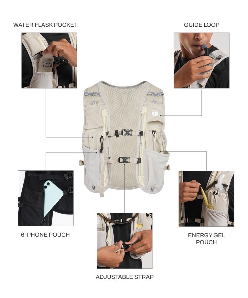 TEGO سترة ترطيب بايسر تريل | حقيبة ترطيب للجري والمشي | سترة جري قابلة للتعديل مع تخزين، حقيبة خزان و تفاصيل عاكسة | متوافقة مع زجاجات الماء اللينة و خزان سعة 2 لتر (بيج) - Image 3