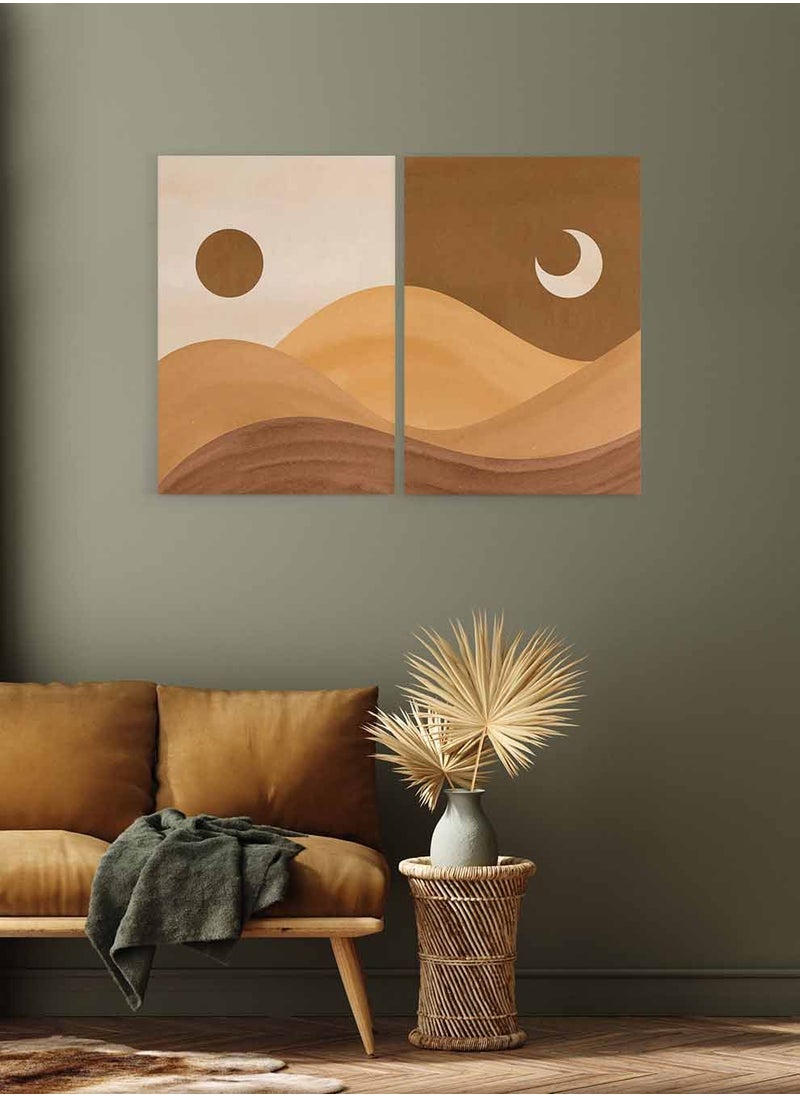LOWHA Set of 2 Framed Canvas Wall Arts Stretched Over Wooden Frame, Mountains Moon Sun Abstract Paintings, For Home, Living Room, Office Décor  - Image 1