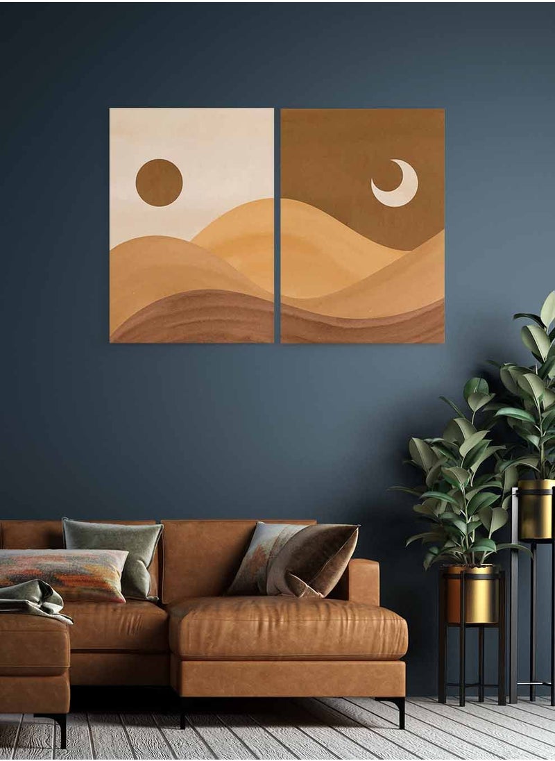 LOWHA Set of 2 Framed Canvas Wall Arts Stretched Over Wooden Frame, Mountains Moon Sun Abstract Paintings, For Home, Living Room, Office Décor  - Image 3