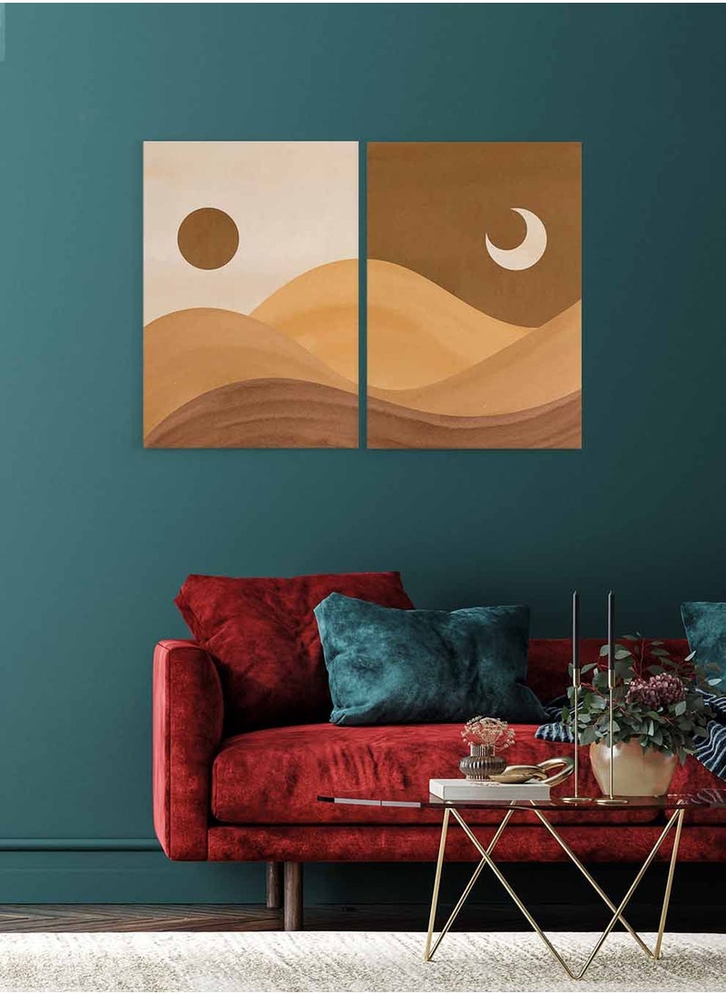 LOWHA Set of 2 Framed Canvas Wall Arts Stretched Over Wooden Frame, Mountains Moon Sun Abstract Paintings, For Home, Living Room, Office Décor  - Image 2