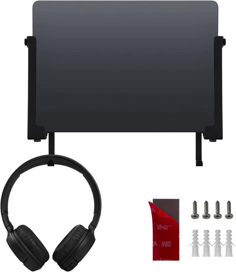 JEMACHE Hard Aluminium Wall Laptop Mount Holder for MacBook Air, Pro, Surface, iPad, Tablets with Headphone Hook (Black) - Image 1