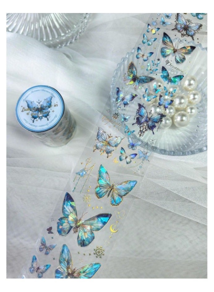 Generic Decorative Adhesive Tape, 1 meter long, with a stereotypical silver laser butterfly print, in various sizes and shapes, for handicrafts, paper crafts, decorating books, notebooks, and handicrafts.  - Image 2