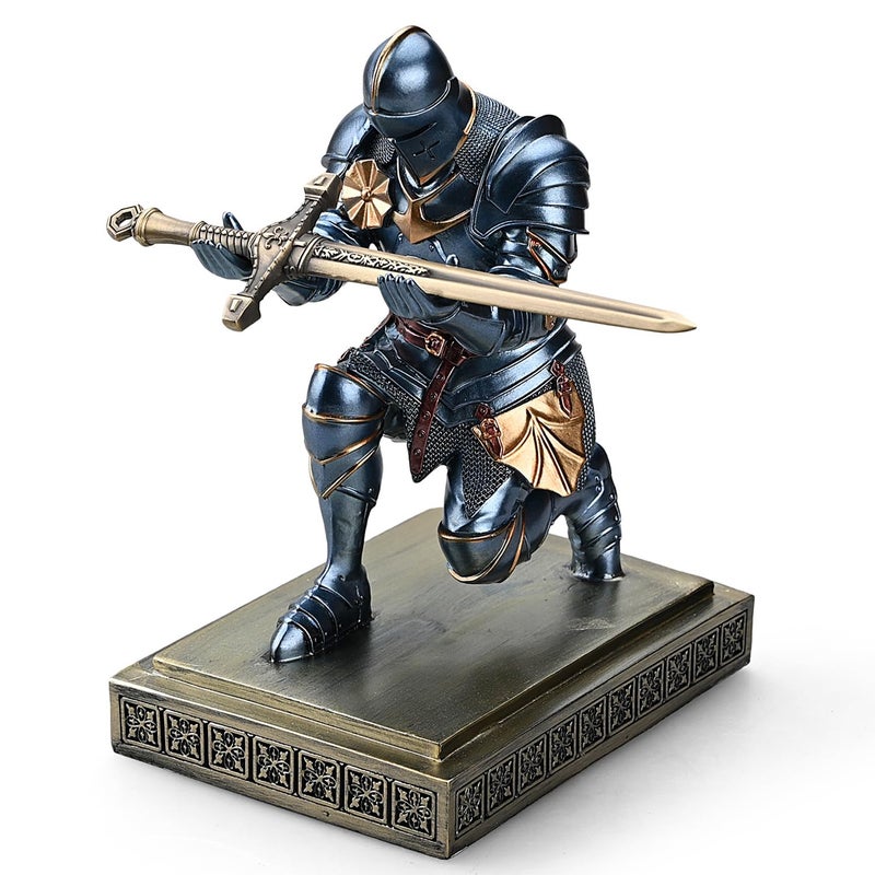 Amoysanli Medieval Armored Warrior Knight Pen Holder Desk Organizers and Accessories Resin Pencil Holder Paperweight as Gift with a Cool Letter Opener for Desk (Blue) - Image 1
