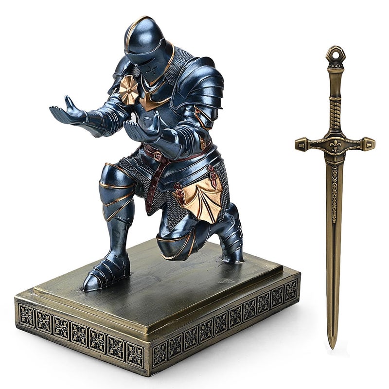Amoysanli Medieval Armored Warrior Knight Pen Holder Desk Organizers and Accessories Resin Pencil Holder Paperweight as Gift with a Cool Letter Opener for Desk (Blue) - Image 2