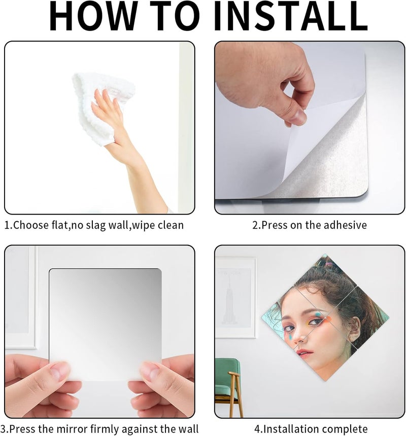 5 Pcs Self Adhesive Acrylic Mirror, Acrylic Mirror Sheets 8 x 8 Inch, Flexible Acrylic Mirror Tiles, Wall Mounted Non Glass Sticky Mirror Tiles Wall Stickers Frameless for Bathroom Bedroom Home Wall - Image 3