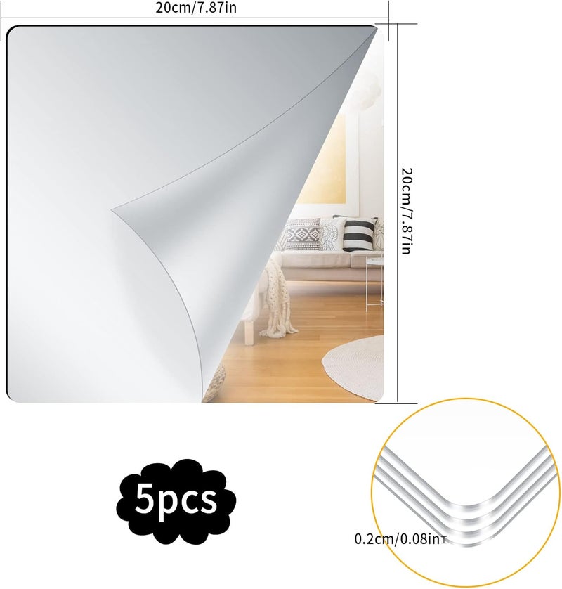5 Pcs Self Adhesive Acrylic Mirror, Acrylic Mirror Sheets 8 x 8 Inch, Flexible Acrylic Mirror Tiles, Wall Mounted Non Glass Sticky Mirror Tiles Wall Stickers Frameless for Bathroom Bedroom Home Wall - Image 2