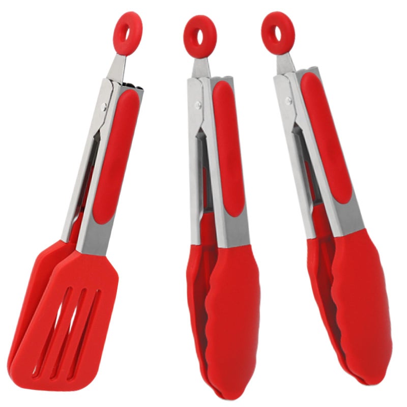 Pharamat Mini Silicone Serving Tongs Set of 3 7 inch with Silicone Tips and Stainless Steel Handle Small Tongs for Steaks Salads Pasta Vegetables Red