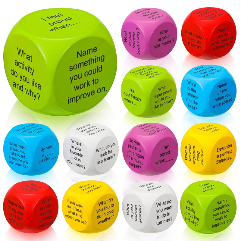 Hanaive 12 Pcs Learning Conversation Cubes Social Emotional Learning Dice Family Dice Game Speech Therapy for Kids Teacher Family Classroom(Wood) - Image 1