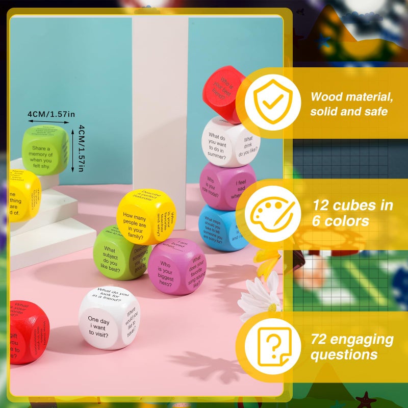 Hanaive 12 Pcs Learning Conversation Cubes Social Emotional Learning Dice Family Dice Game Speech Therapy for Kids Teacher Family Classroom(Wood) - Image 4
