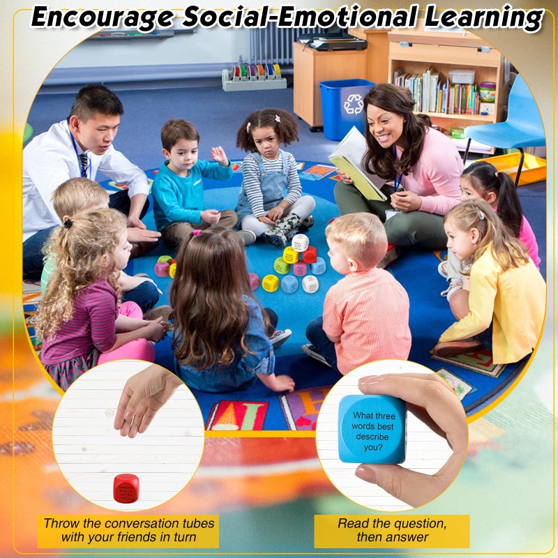 Hanaive 12 Pcs Learning Conversation Cubes Social Emotional Learning Dice Family Dice Game Speech Therapy for Kids Teacher Family Classroom(Wood) - Image 5