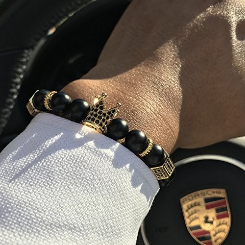 SEVENSTONE 8mm Crown King Charm Bracelet for Men Women Black Matte Onyx Stone Beads, 7.5" - Image 2