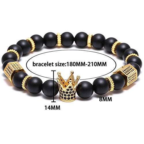SEVENSTONE 8mm Crown King Charm Bracelet for Men Women Black Matte Onyx Stone Beads, 7.5" - Image 3