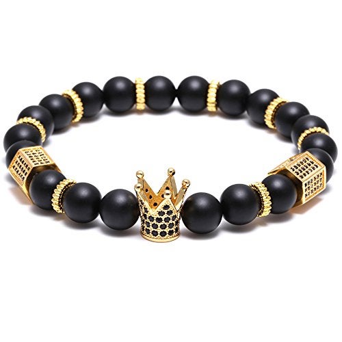 SEVENSTONE 8mm Crown King Charm Bracelet for Men Women Black Matte Onyx Stone Beads, 7.5" - Image 1