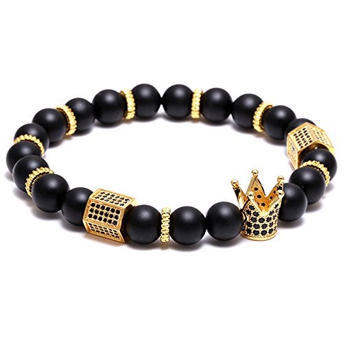 SEVENSTONE 8mm Crown King Charm Bracelet for Men Women Black Matte Onyx Stone Beads, 7.5" - Image 5