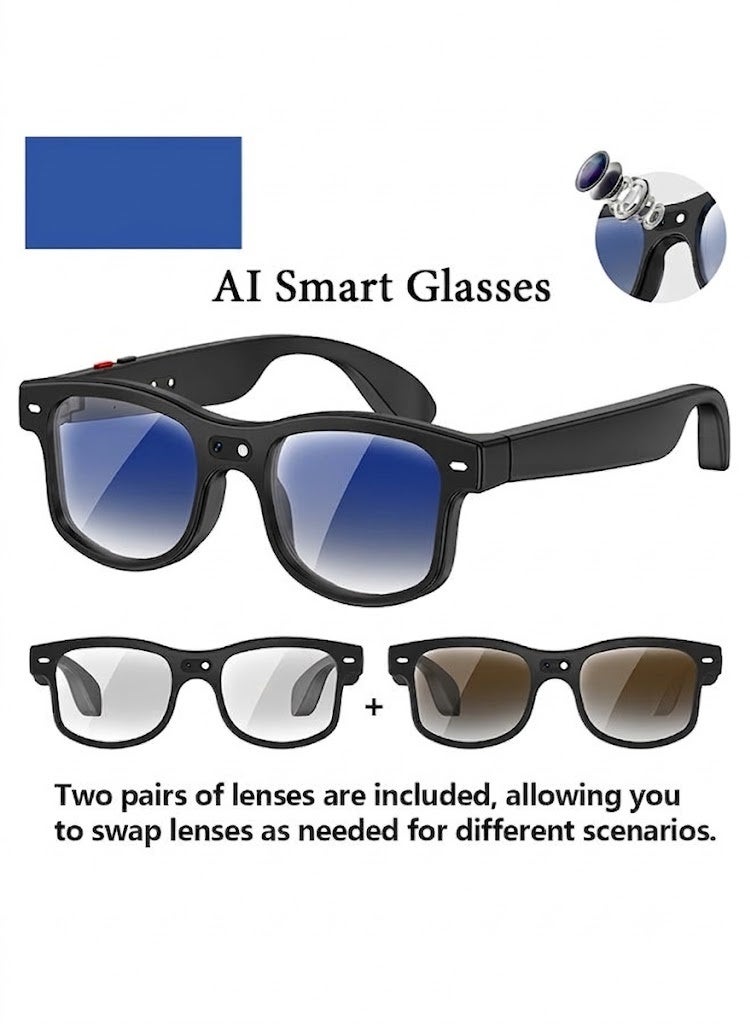 Lynacz Original AI Smart Glasses with Camera and Bluetooth,8MP 1080P HD Camera Glasses,AI Voice Control,AI Photo Recognition and Translation,Smart Anti-Blue Light Glasses,Smart Sunglasses with Bluetooth Call for Driving,Outdoor,+2 Lenses.Black - Image 1