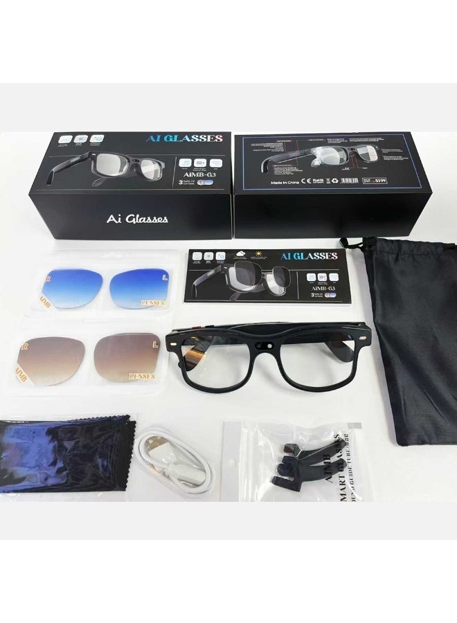 Lynacz Original AI Smart Glasses with Camera and Bluetooth,8MP 1080P HD Camera Glasses,AI Voice Control,AI Photo Recognition and Translation,Smart Anti-Blue Light Glasses,Smart Sunglasses with Bluetooth Call for Driving,Outdoor,+2 Lenses.Black - Image 2
