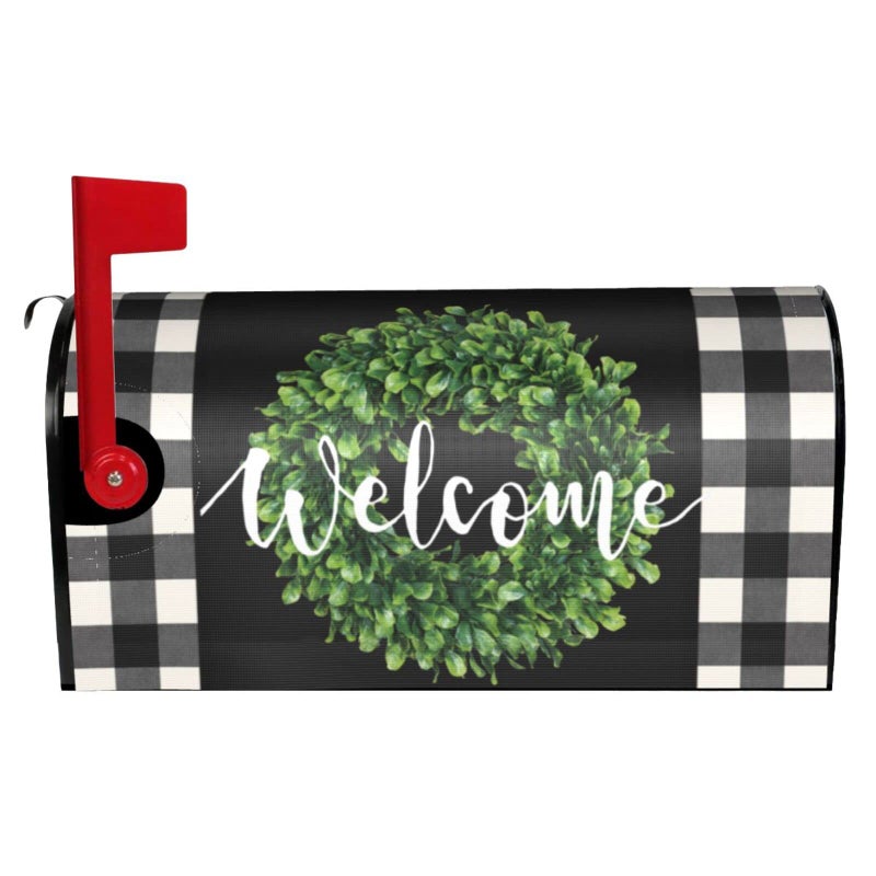 SHAPTOY Farmhouse Wreath Welcome Mailbox Covers Magnetic Standard Size 21x18 Inch Sping Summer Black White Buffalo Check Plaid Mailbox Cover Winter Mail Wraps Post Box Cover for Garden Home Decor 
