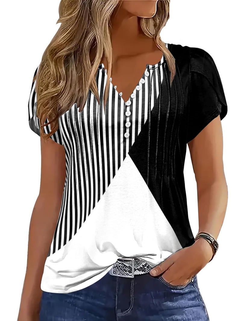 Disamer Summer Tops for Women Petal Short Sleeve Shirts Dressy Pleated Tunic 2026 Casual V Neck Button Down Blouses,Striped Black,X-Large - Image 1