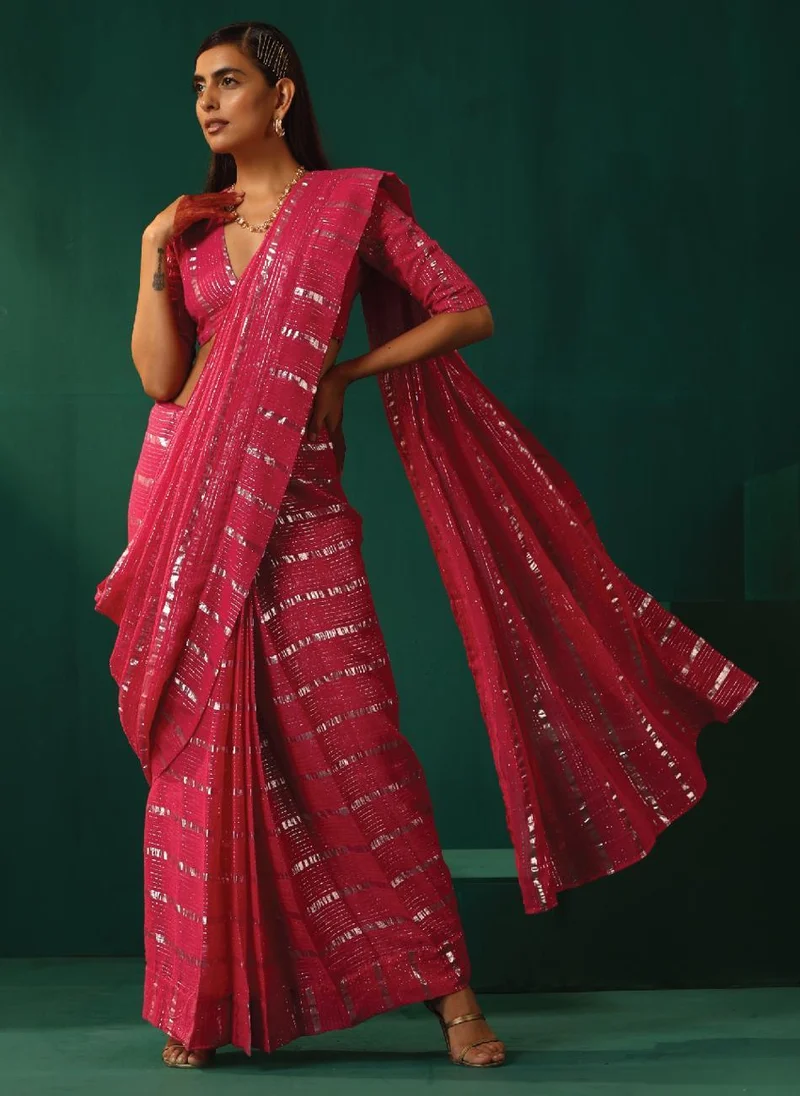 trueBrowns trueBrowns Rani Pink Cotton Silver Striped Ready To Wear Saree
