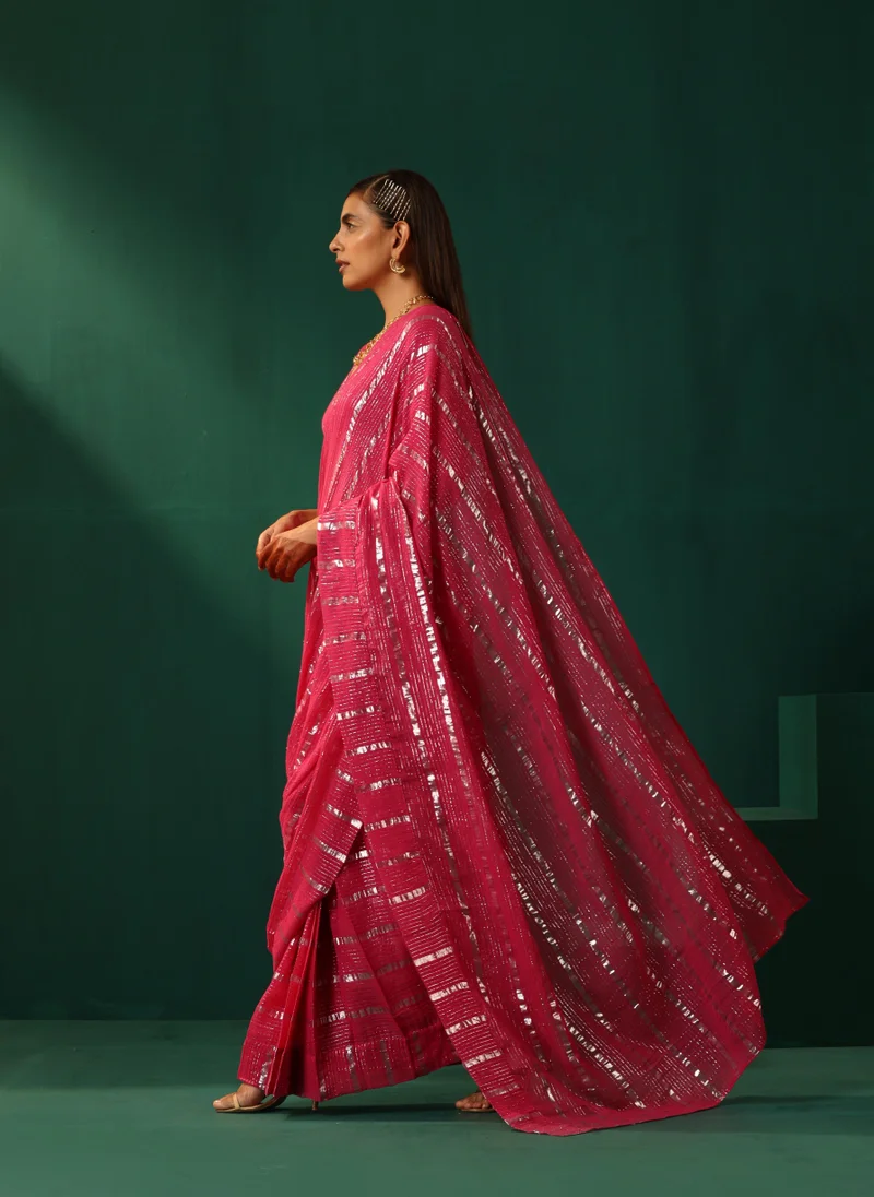 trueBrowns trueBrowns Rani Pink Cotton Silver Striped Ready To Wear Saree