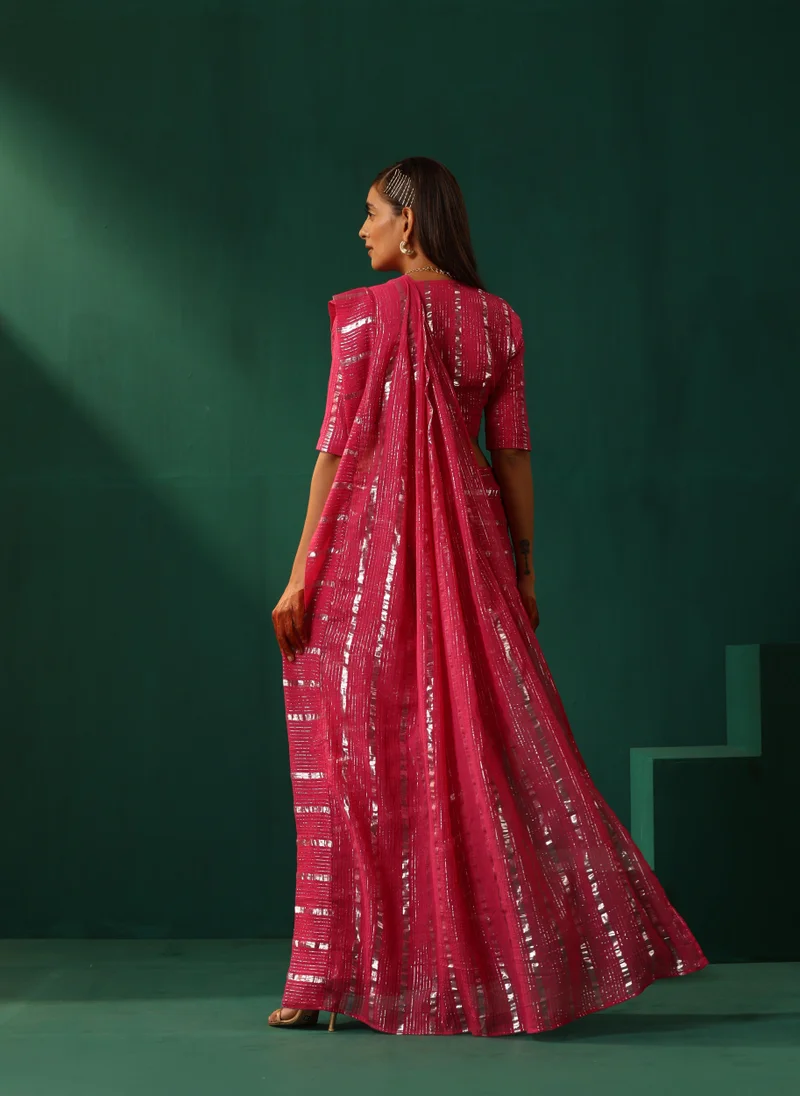 trueBrowns trueBrowns Rani Pink Cotton Silver Striped Ready To Wear Saree