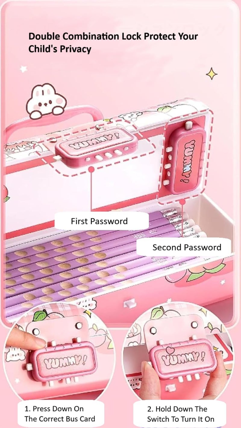 Parshya Multilayer Password Lock Pencil Box, Plastic Cartoon Print Pen Case for Girls, Large Capacity Stylish Pencil Box for Boy, School Stationary Organizer Case for Kids (Nini Purple) - Image 4
