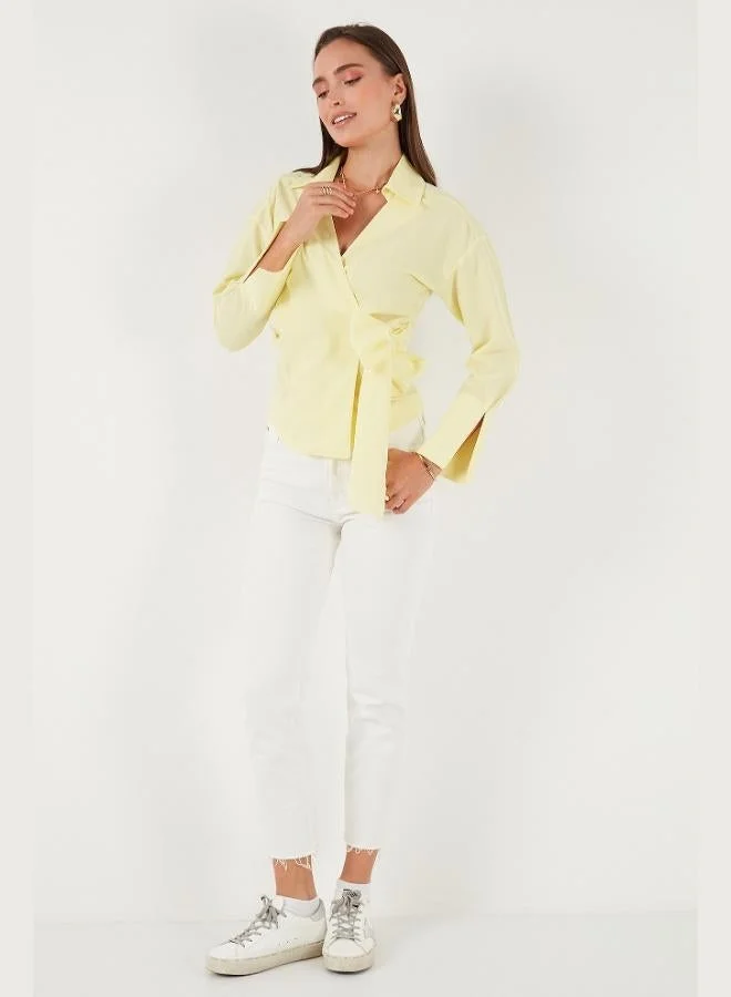 ليلا قميص نسائي قطني بأكمام طويلة وربطة عنق من ليلا