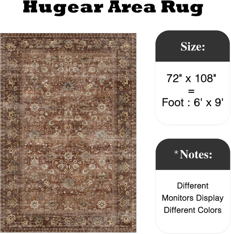HUGEAR 6x9 Machine Washable Rugs Brick Red Hallway Large Area Rug Indoor Accent Rug Floral Low Pile Carpet Soft Throw Aesthetic Rug Bedroom Living Room Office Dining Room Kitchen Laundry Room - Image 2