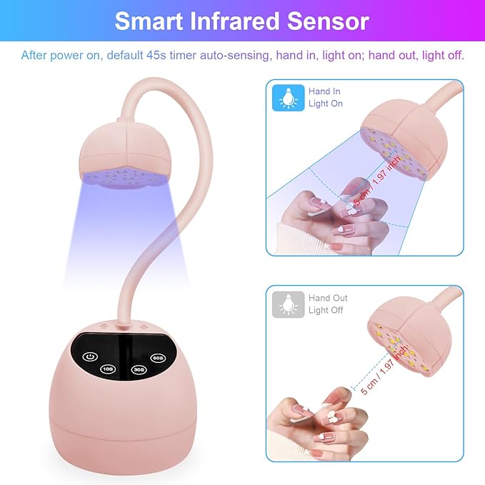 Lermende UV Lamps for Gel Nails with Smart Touch Display 36W 12PCS LED Beads USB Rechargable Nail Lamp with 4 Timers 10304560s 360 Adjustable Goose Neck UV Nail Lamp for Home DIY Salon Manicure - Image 3