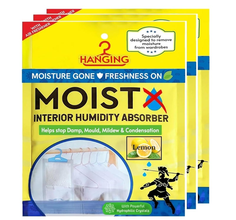 MOISTX MOISTX Hanging Interior Humidity Absorber 200g X 3 pouch with dual benefits Lemon Fragrance Capacity to trap 500ml of moisture from air Pack of 3 For Wardrobe Kitchen Cabinet Bathroom