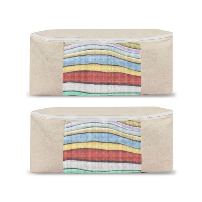COTTON CANVAS CLOTHES STORAGE BAGS SAREE COVERS FOR STORAGE SAREE COVERS WITH ZIP FOR STORAGE DESIGN FOR WOMAN DRESSES SAREES LEHENGAS FOR WARDROBE ORGANIZER 2 COTTON BEG17 X 14 X 7 INCH