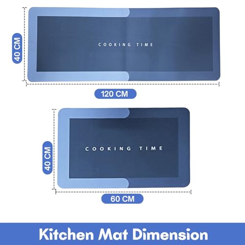VERVENIX 2-Pcs Kitchen Mat Set – Blue Waterproof Memory Foam Anti-Fatigue Rugs, Non-Slip Mats for Kitchen, Sink, Laundry & Home Office – 120x40 cm + 40x60 cm (Cooking Time Design) - Image 2