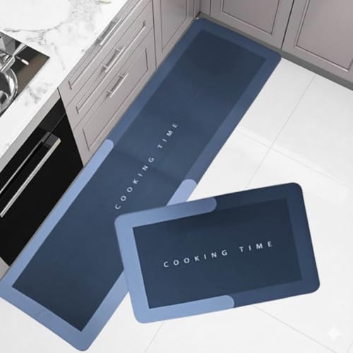 VERVENIX 2-Pcs Kitchen Mat Set – Blue Waterproof Memory Foam Anti-Fatigue Rugs, Non-Slip Mats for Kitchen, Sink, Laundry & Home Office – 120x40 cm + 40x60 cm (Cooking Time Design) - Image 1