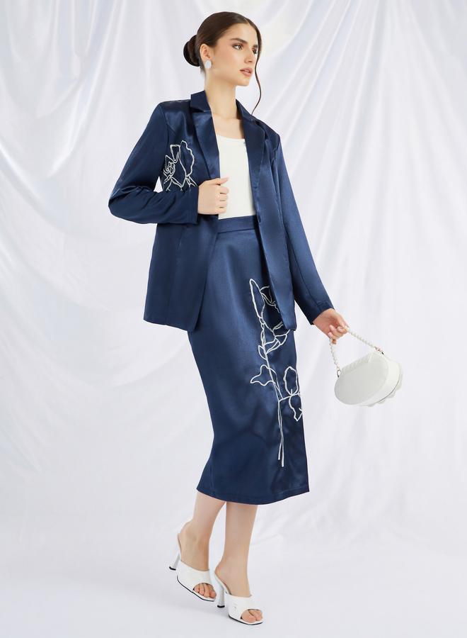 Styli Embroidered Straight Fit Satin Midi Skirt - Image 1