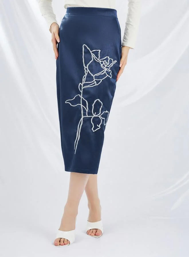 ستايلي Styli Embroidered Straight Fit Satin Midi Skirt