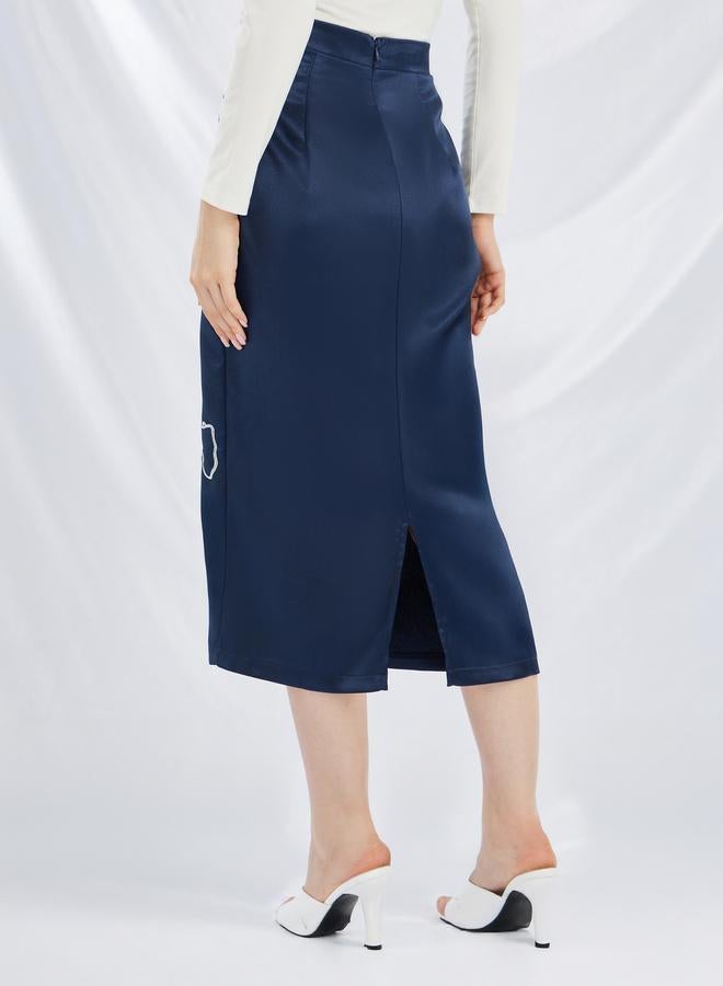 Styli Embroidered Straight Fit Satin Midi Skirt - Image 4