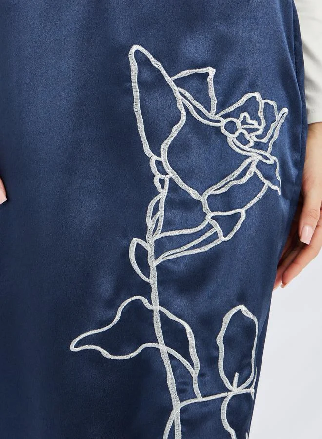 Styli Styli Embroidered Straight Fit Satin Midi Skirt