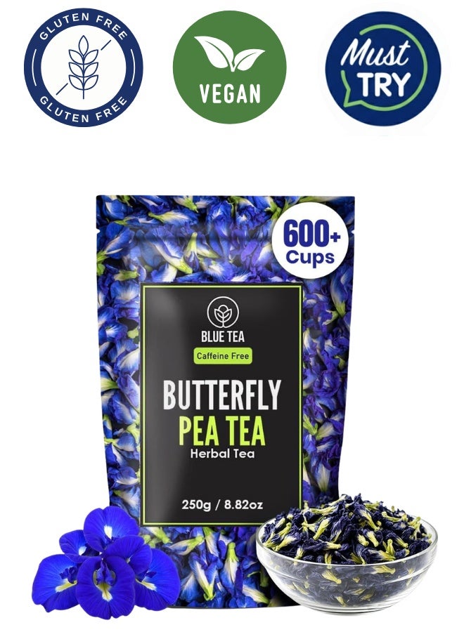 BLUE TEA Butterfly Pea Flower Tea 250g | Super Antioxidant | Fresh Herbal Tea | Caffeine Free | Gluten Free | Non-GMO | Clitoria Ternatea | Eco-Conscious Zipper Pack - Image 1