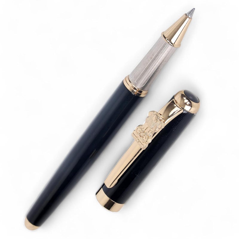 crewtone 20682 Luxury Ashoka Pillar Black & Golden Metal Body Roller Ball Pen, Gift Set for Men & Women, Executives with High End Gift Box. - Image 1