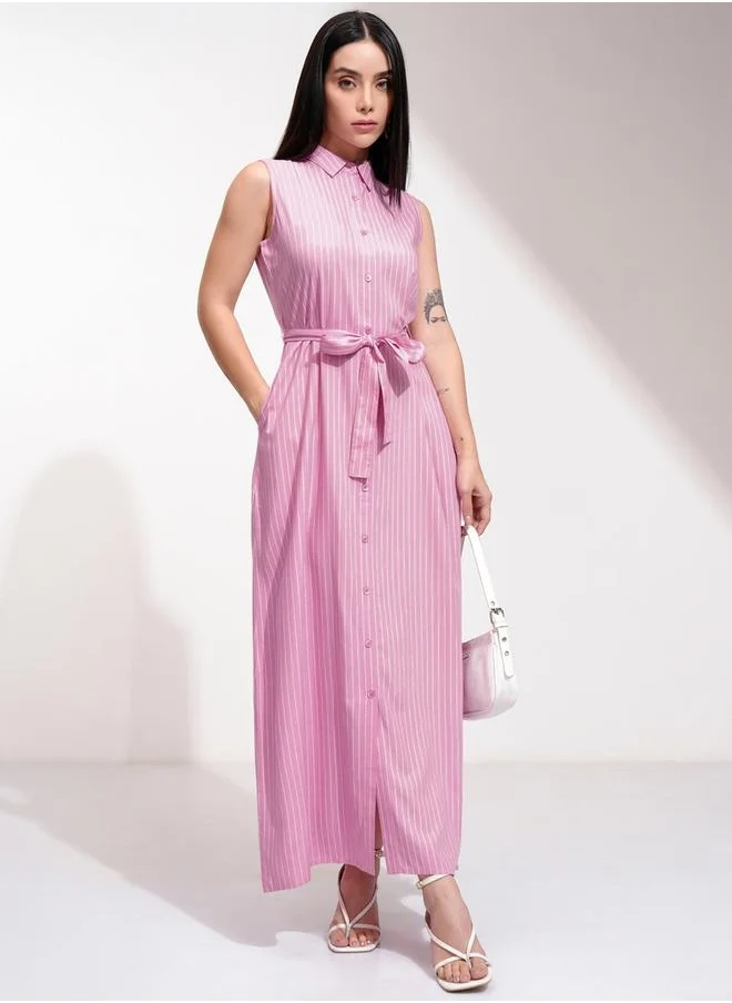 Tokyo Talkies Striped Collared Sleeveless A-Line Maxi Dress with Waist Tie Detail