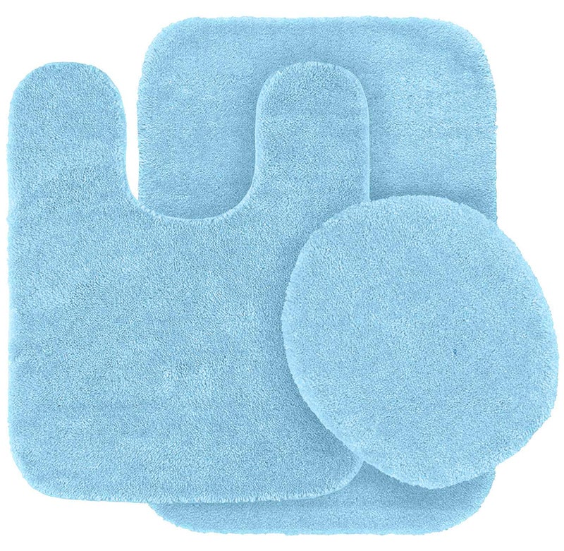 Mk Home LLC 3 Piece Bathroom Rug Set Bath Rug, Contour Mat & Lid Cover Non-Slip with Rubber Backing Solid Light Blue New